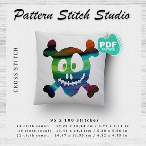 Puede incluir: Un patrón de punto de cruz colorido de una calavera con huesos cruzados. El patrón está disponible en formato PDF e incluye instrucciones para bordar en tela Aida de 14, 18 y 22 hilos. El diseño terminado mide 95 puntos de ancho por 100 puntos de alto.