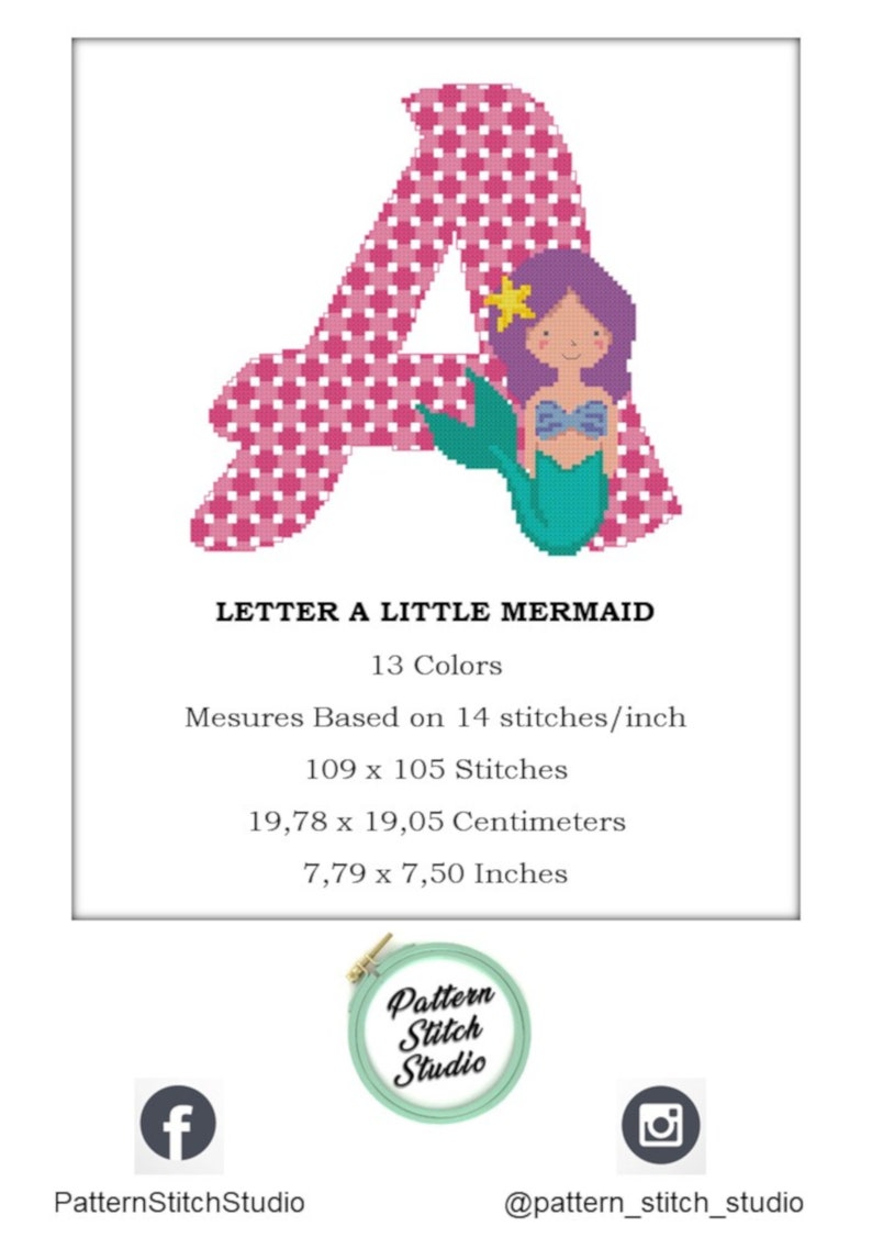 cross-stitch Mermaid Letter A Cross-stitch pattern Initial A children/'s decoration Letter A Immediate download in .pdf