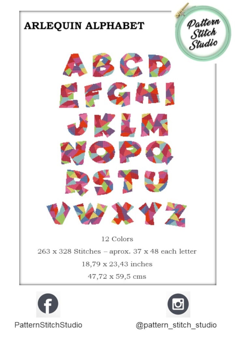 Puede incluir: Patr&oacute;n de punto de cruz para el alfabeto en un estilo geom&eacute;trico colorido. Las letras est&aacute;n formadas por tri&aacute;ngulos y cuadrados coloridos. El patr&oacute;n tiene 263 puntos de ancho por 328 puntos de alto, y cada letra tiene aproximadamente 37 puntos de ancho por 48 puntos de alto. El patr&oacute;n tiene 47,72 cm de ancho por 59,5 cm de alto.
