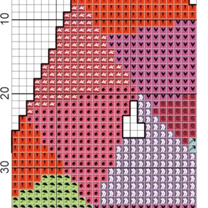 Puede incluir: Un patr&oacute;n de punto de cruz con una variedad de s&iacute;mbolos, incluyendo corazones, flechas, bombas y paraguas. El patr&oacute;n est&aacute; en tonos de rojo, rosa, morado, verde y negro.