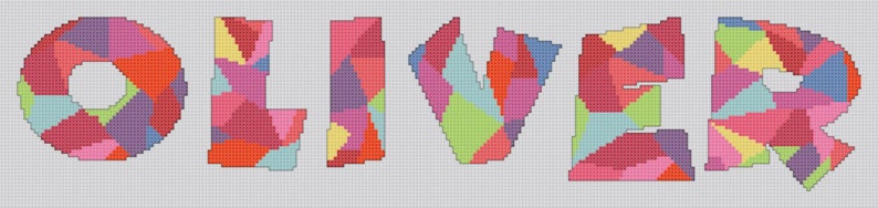 Puede incluir: El nombre "OLIVER" est&aacute; escrito en letras geom&eacute;tricas de colores. Cada letra est&aacute; compuesta por una variedad de tri&aacute;ngulos de color rosa, rojo, naranja, amarillo, verde, azul y morado.