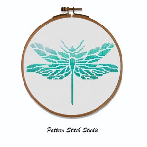 Dragonfly cross-stitch pattern in green gradients cross-stitch pattern - dragonfly cross-stitch pattern. Immediate download in .pdf