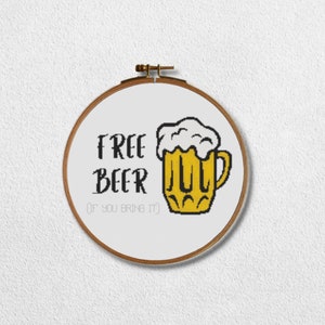 Modern and fun cross stitch pattern FREE BEER, BEER cross stitch pattern. Immediate download in .pdf