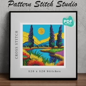 May include: Cross stitch pattern PDF for a landscape scene with three trees, a river, and a yellow sun. The pattern is 120 x 120 stitches.