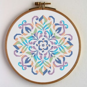 Puede incluir: Un aro de bordado de punto de cruz con un diseño de mandala geométrico colorido. El mandala presenta tonos de azul, verde, morado y naranja.