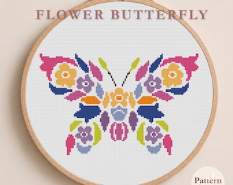 Floral Butterfly Cross Stitch Pattern PDF, Modern Butterfly Embroidery Design, Colorful Pattern, Easy Cross Stitch Chart, Instant Download