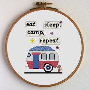 Campers cross-stitch pattern with the phrase: Eat, sleep, camp, repeat cross stitch chart. Inmediate download in .pdf