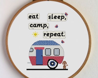 Campers cross-stitch pattern with the phrase: Eat, sleep, camp, repeat cross stitch chart. Inmediate download in .pdf