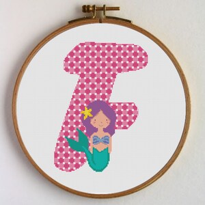 Letter F Cross-stitch pattern Initial F, cross-stitch little mermaid, nursery art  Letter F. Immediate download in .pdf