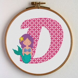 Letter D Cross-stitch pattern Initial D, cross-stitch little mermaid, nursery art Letter D. Immediate download in .pdf
