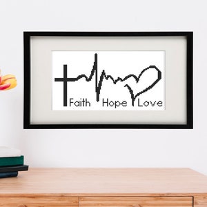 Modèle de point de croix Faith Hope Love. Infirmières au point de croix. Téléchargement immédiat en pdf. En noir et blanc.
