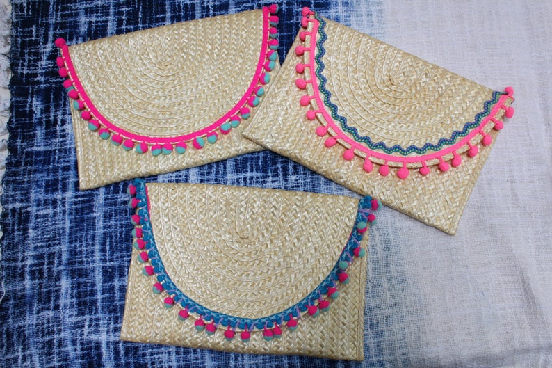 Custom Personalized Straw Clutch Bag / Pom Poms / Tassels / Etsy