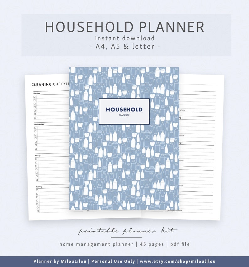 Household Planner - A4 A5 Letter - Home Management SAHM Planner Bundle Maintenance Cleaning Chores Menu And Budget Digital Download 