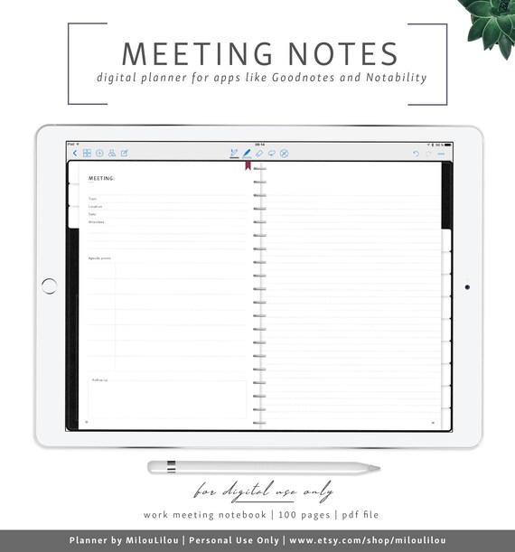 Meeting Notes Goodnotes Notability Digital Planner Black Work Notes Work Organizer Notebook Business Planner Digital Download - 