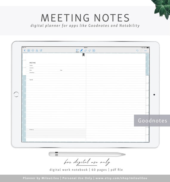 Meeting Notes / Goodnotes & Notability Digital Planner / Blue Etsy
