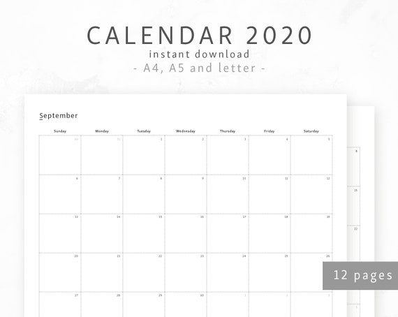calendar 2020 a4 a5 letter dated monthly calendar year planner month organizer printable calendar household planner digital download year month calendar