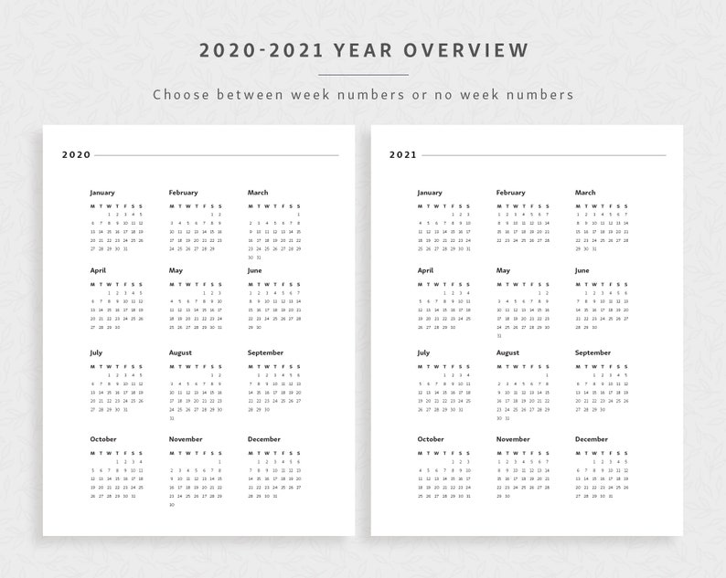 Jaaroverzicht 2020 2021 A4 A5 Brief Met weeknummers | Etsy