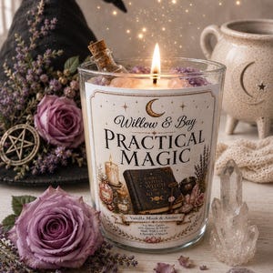 May include: A clear glass candle with a label reading Willow & Bay Practical Magic, featuring a lit wick, embedded purple crystals, and a small corked bottle. The label displays a book, candle, and text Vanilla Musk & Amber. Soy wax candle.