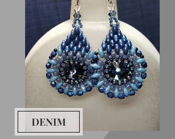 Denim Rivoli and Superduo Teardrop Earrings, Metallic Blue Superduo earrings, Czech FIre Polished, Swarovski Rivoli earrings, Gift for her