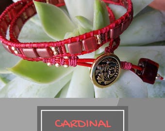 Red Czech Tile Double Wrap Leather Bracelet, Red Leather Bracelet, Boho Bracelet, Bohemian Bracelet, Cardinal & Sangreal Tiles, Gift for Her