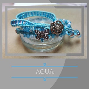 REDUCED,  Aqua leather beaded triple wrap bracelet, butterfly charm, seed beads, cube beads, silver accents, flower button, Bohemian