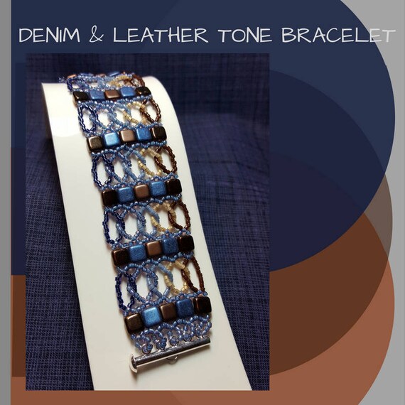 Denim Blue Bracelet Czech Tile Bead Bracelet Gift for Her Square and Circle Bracelet Denim /& Leather Tone Beaded Bracelet