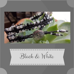 Black and white double wrap seed bead bracelet, southwest button, Bohemian, Black, White, Hematite, Gift for Her