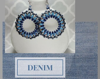 Denim Inspired Hoop Earrings, silver bead accents, Czech superduo, seed beads, Czech fire polished rondelles, Light to wear, Gift for Her