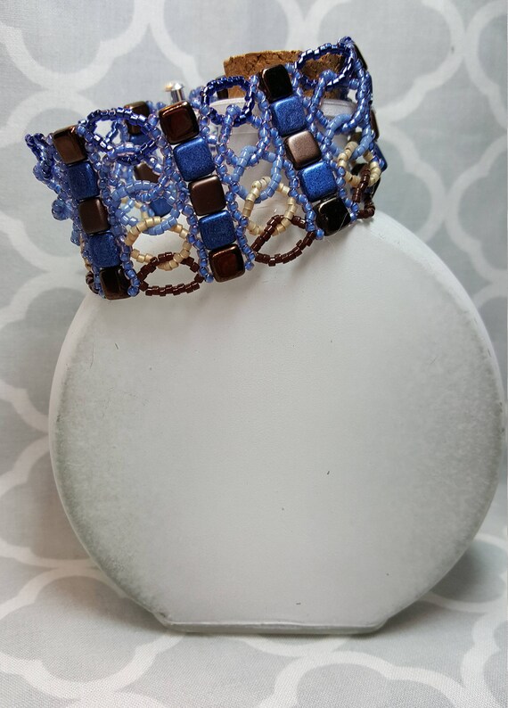 Denim Blue Bracelet Czech Tile Bead Bracelet Gift for Her Square and Circle Bracelet Denim /& Leather Tone Beaded Bracelet