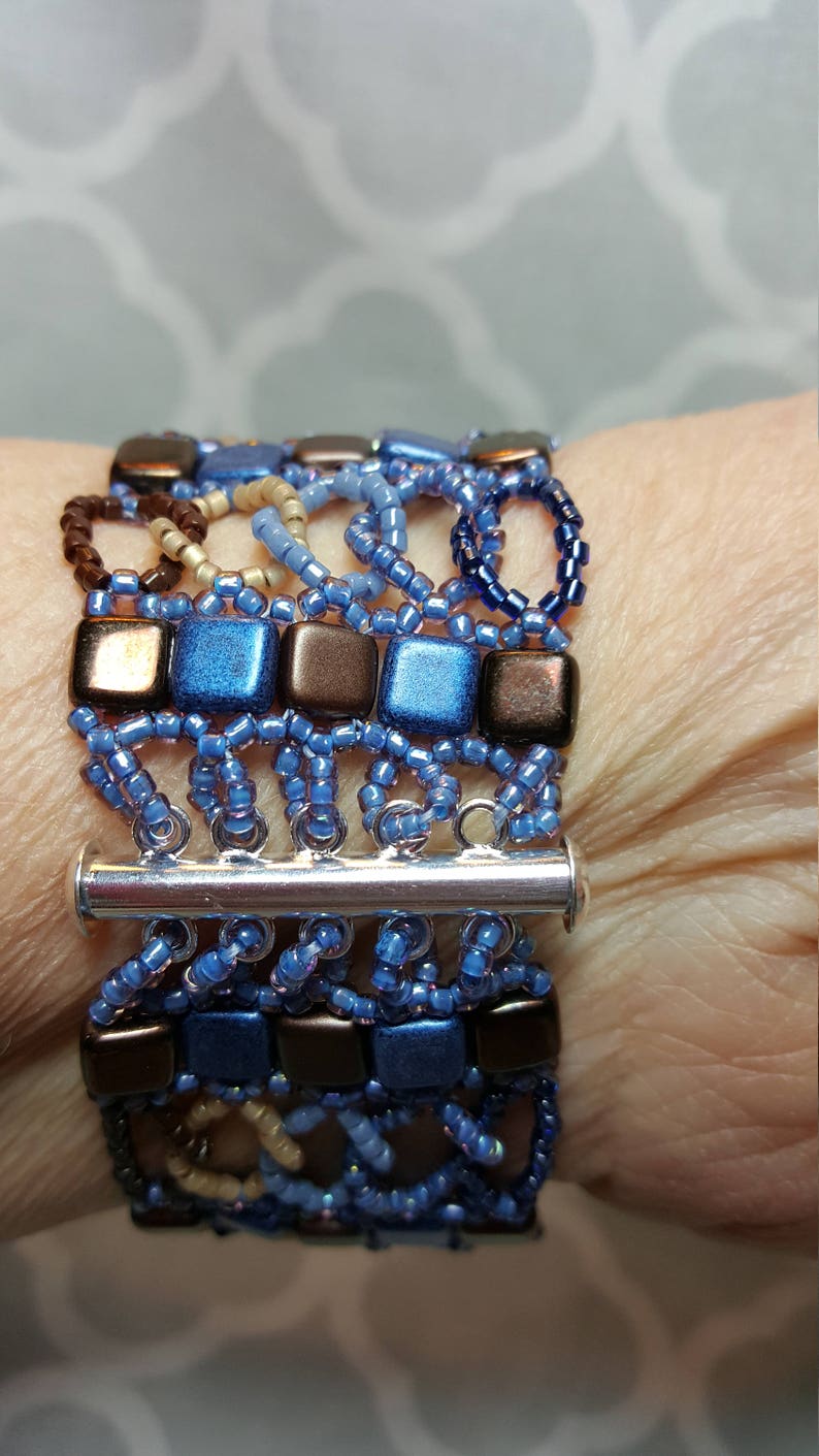 Denim Blue Bracelet Czech Tile Bead Bracelet Gift for Her Square and Circle Bracelet Denim /& Leather Tone Beaded Bracelet
