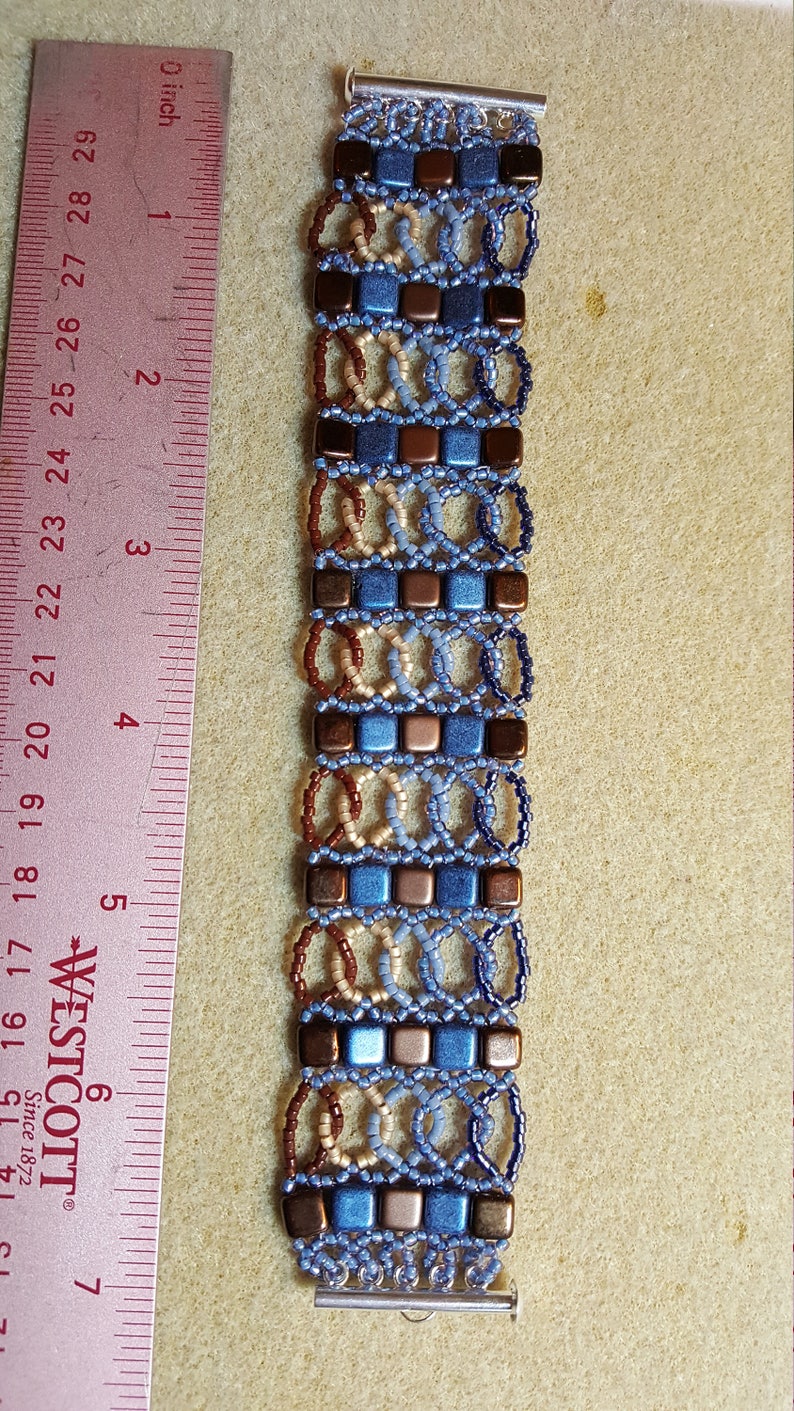 Denim Blue Bracelet Czech Tile Bead Bracelet Gift for Her Square and Circle Bracelet Denim /& Leather Tone Beaded Bracelet