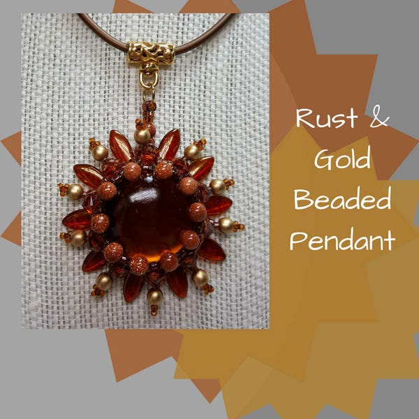 Rust & Gold Beaded Pendant, Dagger and Lunasoft Cabochon Pendant, Sunburst Pendant, Red Magma Bicone Pendant, Gift for Her