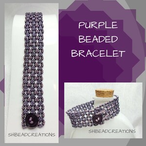 May include: Purple beaded bracelet with a button closure. The bracelet is made with small, round beads in a geometric pattern. The text "SHBEADCREATIONS" is visible on the bottom of the image.