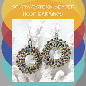 Southwestern Hoop Earrings, Beaded Earrings, Cobalt Blue, Dark Red, Turquoise, Mustard Yellow, Picasso Finish, Super Duo, Gift for Her
