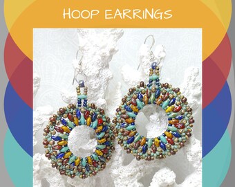 Southwestern Hoop Earrings, Beaded Earrings, Cobalt Blue, Dark Red, Turquoise, Mustard Yellow, Picasso Finish, Super Duo, Gift for Her