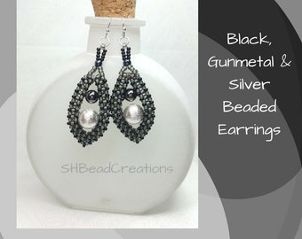 Black, Gunmetal & Silver Earrings, Etched Silver Round, Gunmetal Round, Teardrop Shaped Earrings, Beaded Earrings, Black Diamond Beads