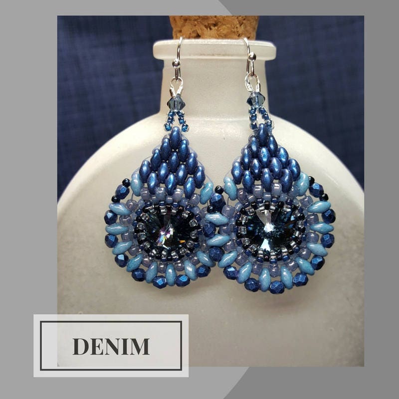 Denim Rivoli and Superduo Teardrop Earrings Metallic Blue - Etsy
