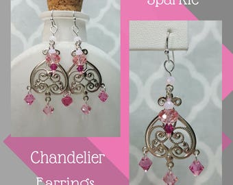 Shades of Pink Chandelier Earrings, Filigree Heart Earrings, Swarovski Bead Earrings, Sparkly Earrings, Valentine Gift, Gift for Her