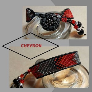 May include: A red and black chevron beaded bracelet with a black button closure and silver and black bead accents.