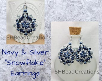 Dark Blue & Silver SNOWFLAKE Earrings, Beaded Earrings, Metallic Blue, Sky Blue, Navy, Denim Blue, Metallic Silver, Gift for Her,