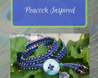 Peacock inspired double wrap beaded bracelet with Peacock charm, black and blue iris seed beads, Bohemian, Gift for Her