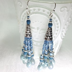 May include: A pair of silver and blue beaded tassel earrings. The earrings feature a silver cone-shaped bead at the top, followed by a cascade of blue beads and a cluster of iridescent blue teardrop-shaped beads.