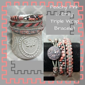 May include: Peachy Pink & Gray Triple Wrap Bracelet. A triple wrap bracelet with peach and gray beads and a gray button closure.