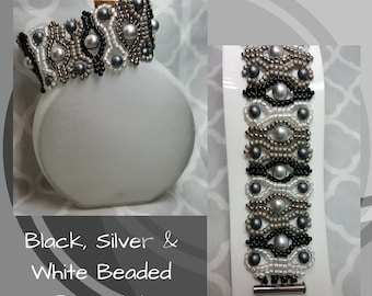 Black, Silver and  White Bracelet, Beaded Bracelet, Glass Pearl & Seed Bead Bracelet, Wide Bracelet, Unique Pattern Bracelet, Gift for Her