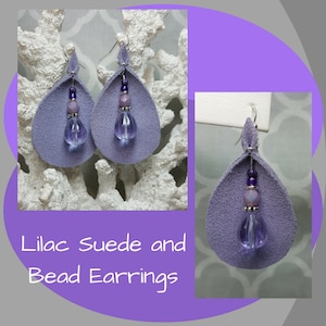 Lilac Suede Earrings, Lilac Beaded Earrings, Teardrop Earrings, Bohemian Earrings, Boho, Leather Earrings, Gift for Her