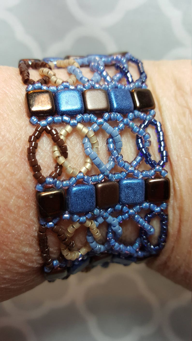 Denim Blue Bracelet Czech Tile Bead Bracelet Gift for Her Square and Circle Bracelet Denim /& Leather Tone Beaded Bracelet