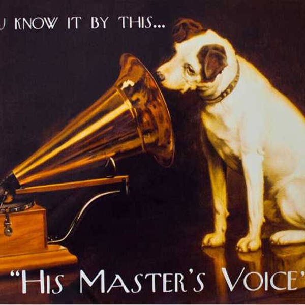 You know it by this his master's voice cute dog vintage style metal advertising wall plaque sign or framed picture frame