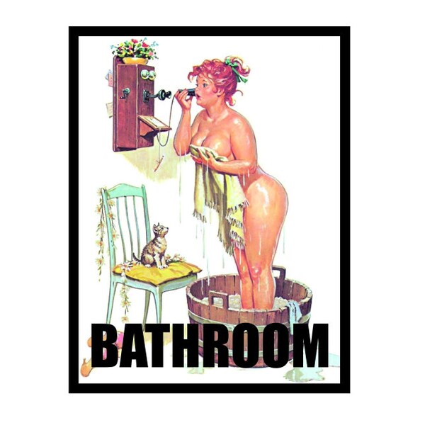 Sexy pin up girl in bath bathroom metal advertising wall plaque sign or framed picture frame