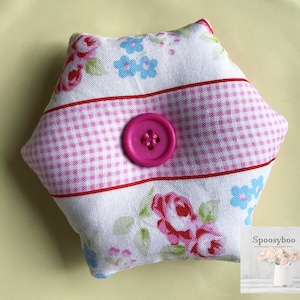 Pin Cushion, pretty in pinks, great pattern weight, double sided Hexagon, farmhouse gingham and shabby chic floral