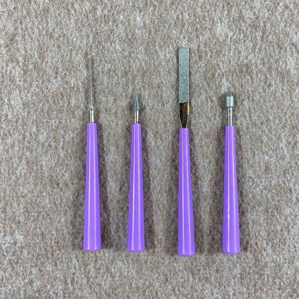 Bead reamer tools, set of 4  Various tool styles with  Purple plastic handles